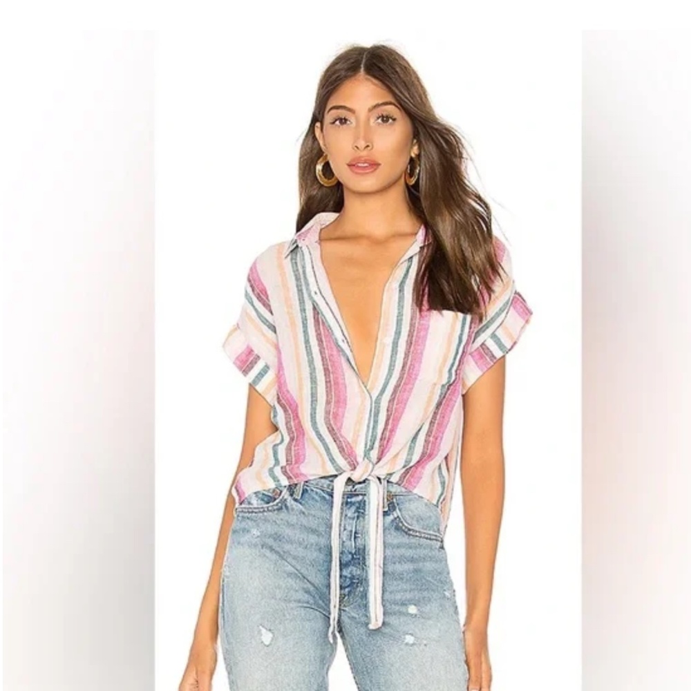 RAILS Amelie Button up linen tie top Avila Stripe